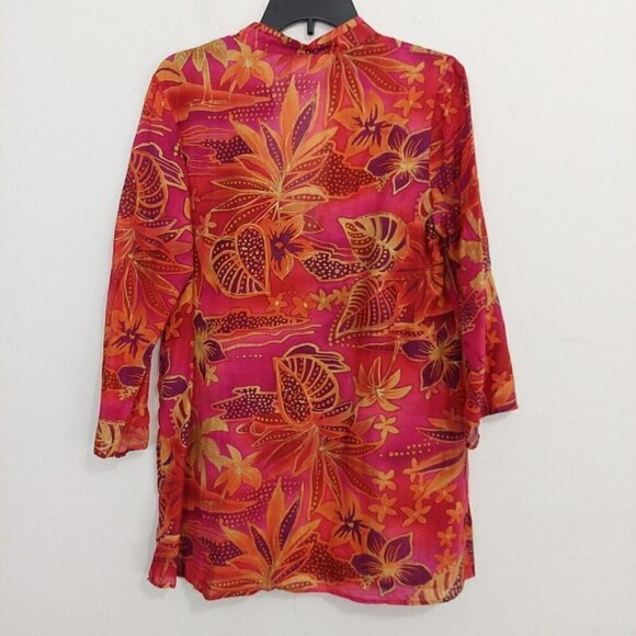 Ballinger Gold Size L Blouse Red Floral Button Down Collared Silk Blend Blouse - Picture 7 of 7
